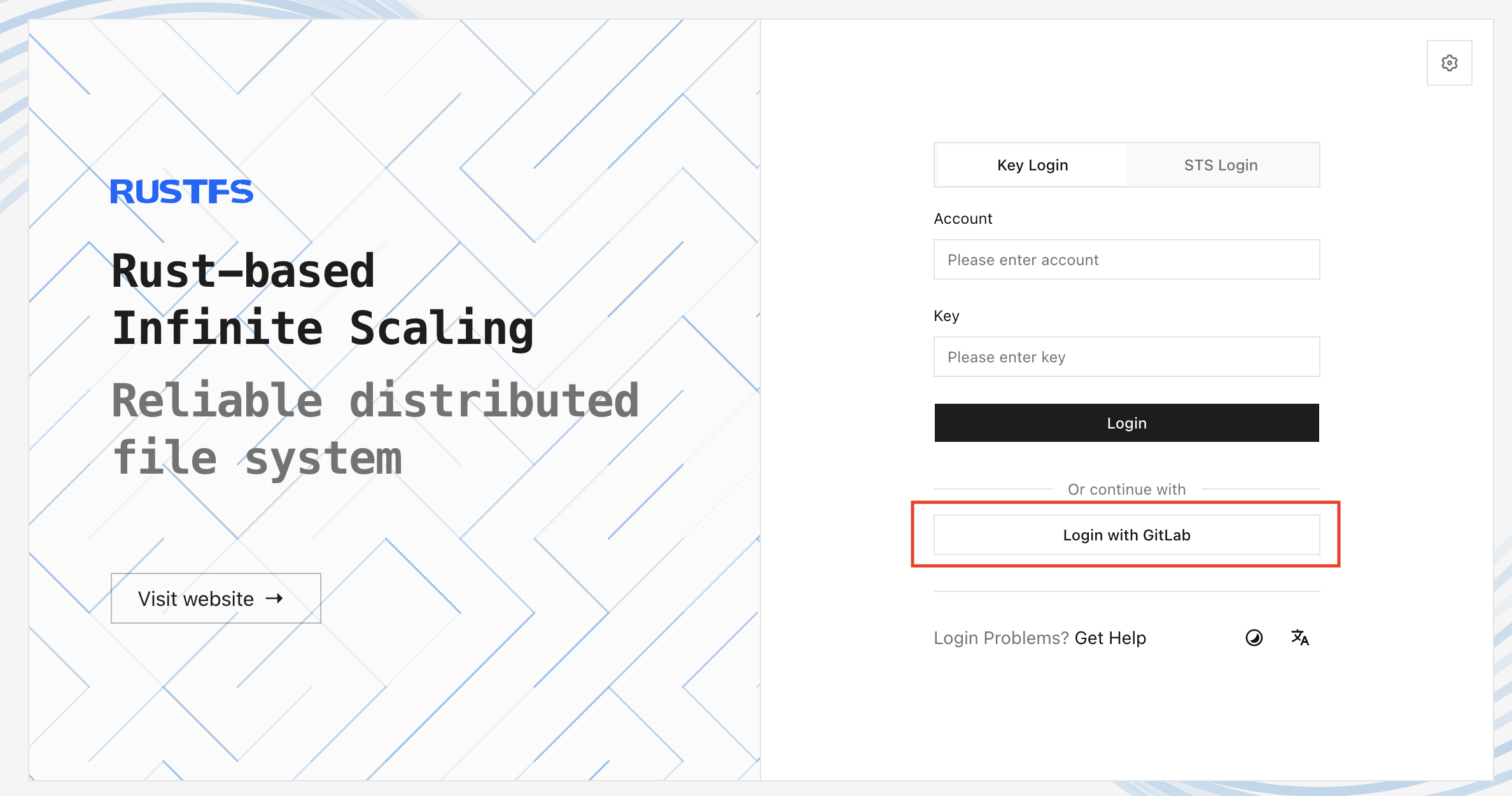 RustFS Console showing the Login with GitLab option